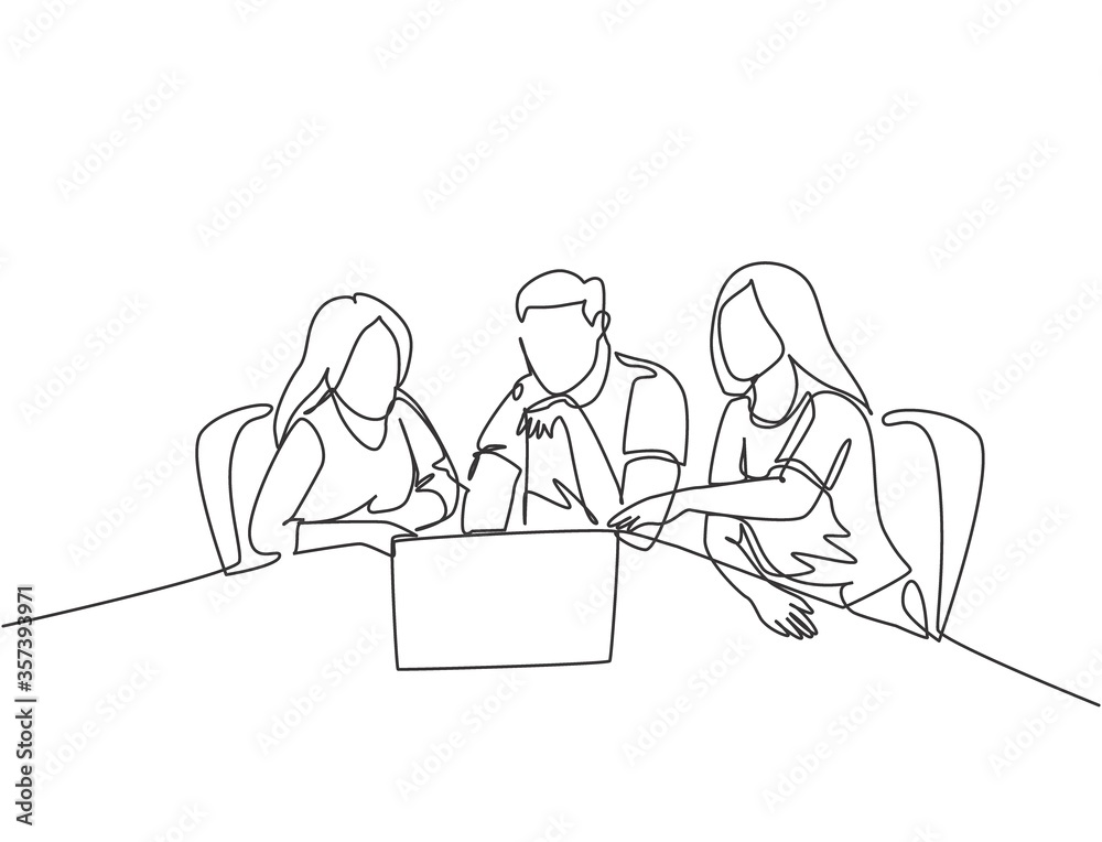 Single continuous line drawing of young business man and business woman discussing project learning data graph on laptop screen. Business meeting one line draw graphic design vector illustration