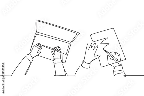 One continuous line drawing of hand typing on laptop keyboard and hand signing contract agreement paper together. Business deal concept. Modern single line draw design graphic vector illustration photo