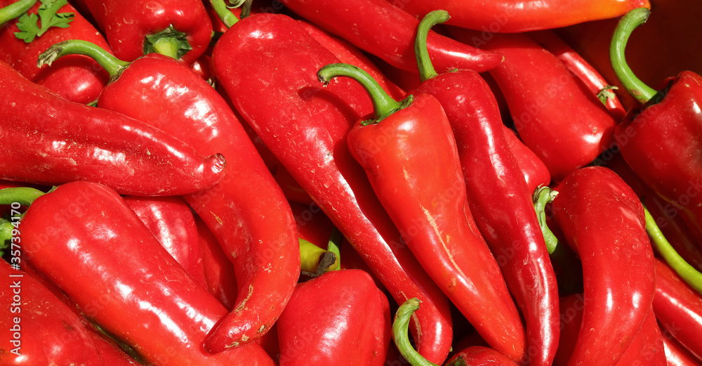 Pile of fresh ripe red chili peppers for sale at the local market