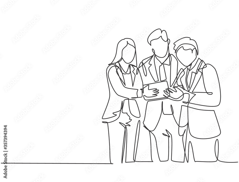 Single continuous line drawing of standing young male and female manager discussing company strategy to increase sales. Business marketing concept one line graphic draw design vector illustration