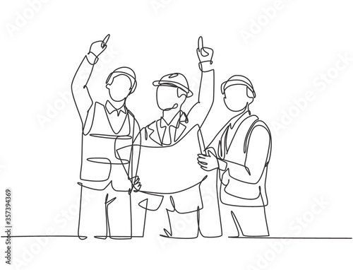 Single continuous line drawing of young architect holding blueprint and discussing building construction with foreman. Design architecture concept one line draw design vector graphic illustration