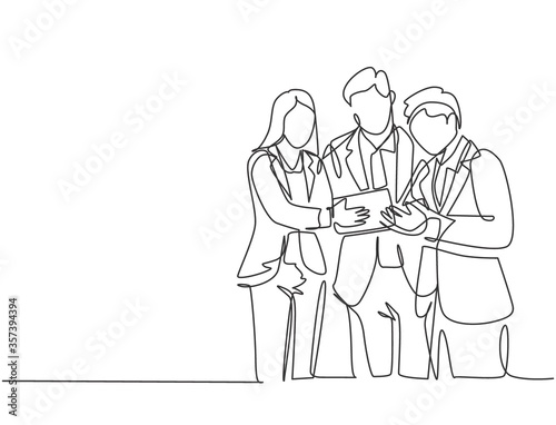 Single continuous line drawing of standing young male and female manager discussing company strategy to increase sales. Business marketing concept one line graphic draw design vector illustration