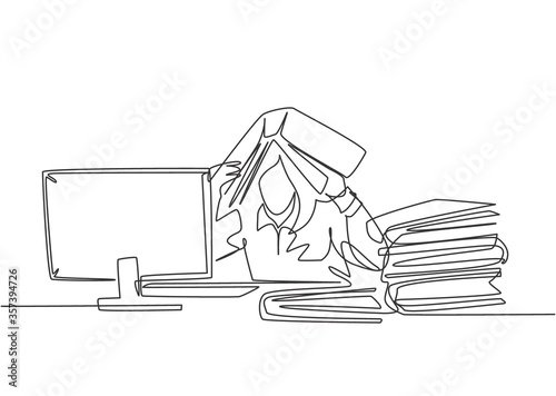 One single line drawing of young depression female employee sitting in front of computer and stack of papers and covered her head with folder. Worker concept continuous line draw design illustration