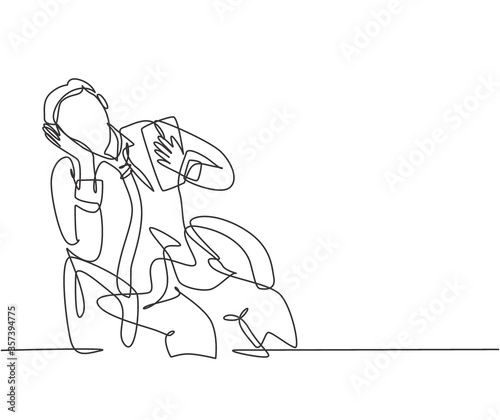 One single line drawing of young broken heart male worker crying on work chair while he was working. Business fatigue at the office concept continuous line draw design graphic vector illustration