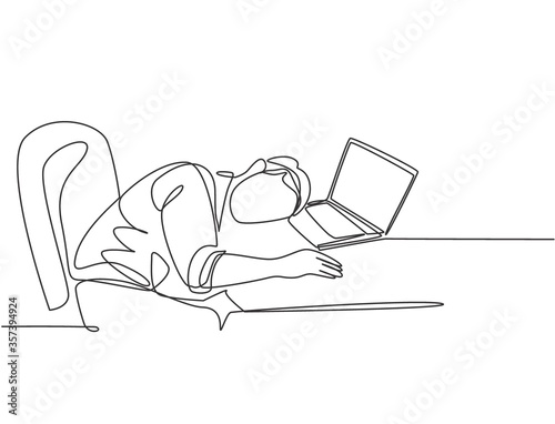 Single continuous line drawing of young sleepy male worker fall asleep on laptop while he was working on his desk. Work fatigue at the office concept one line draw design graphic vector illustration