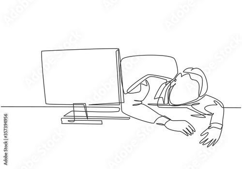 Single continuous line drawing of young sleepy startup CEO fall asleep on work desk while he was reading. Work overload fatigue at the office concept one line draw graphic design vector illustration