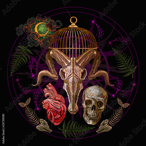 Bull skull, fish bone, moon, golden cage and anatomical heart. Occult and esoteric concept. Dark gothic template for clothes, textile. Alchemy style. Black magic illustration. Tarot card art