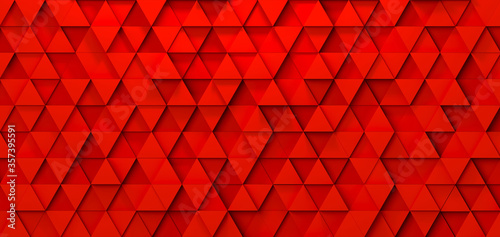 Horizontal texture and background of red volumetric equilateral triangles. Red background. 3