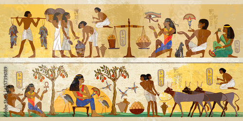 Life of egyptians. History art. Agriculture, fishery, farm. Ancient Egypt frescoes. Old tradition, religion and culture. Hieroglyphic carvings on exterior walls of an old temple