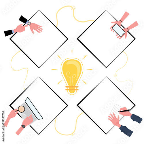 a picture of teamwork among coworker support each other until success after having a meeting shows 4 notes and yellow light bulb in the middle