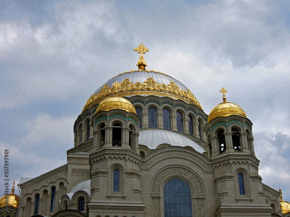 Close view onto dome of Naval Cathedral, Kronstadt, near Saint Petersburg, Russia