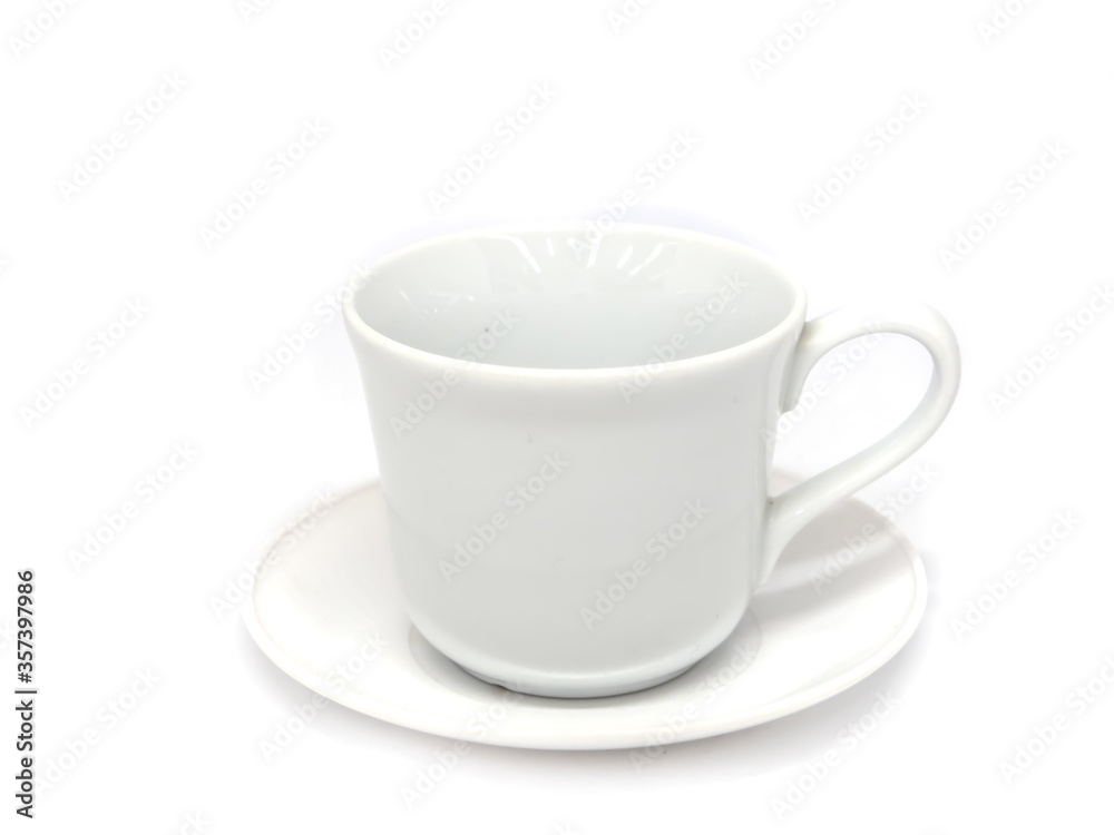 Fototapeta premium A multicolored coffee cup placed on a white plate and white background
