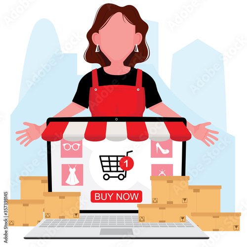   A lady in red sell product online showing her online store in computer which feature a shopping cart