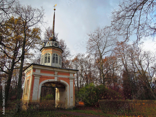 Autumn view on the gates of Peter III's mock-fortress Peterstadt in Oranienbaum park, Lomonosov, Russia photo