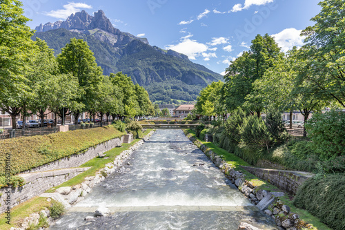 The river Sallanche flowing through the pretty French Alpine town of Sallanches