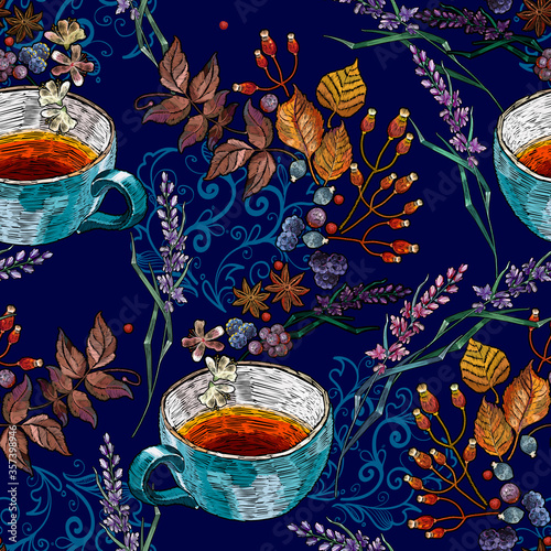 Embroidery cup of tea, lavender flowers and autumn leaves. Seamless pattern. Fall garden template of clothes, tapestry, t-shirt design