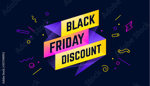 Black Friday Discount. 3d sale banner with text Black Friday Discount for emotion, motivation. Modern 3d colorful template on black backdrop. Design elements for sale, discount. Vector Illustration