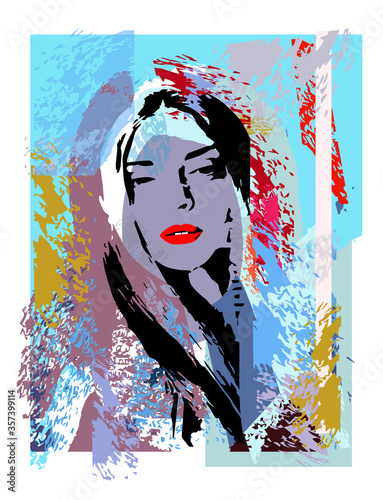 Beautiful women with red lips and artistic colorful background