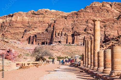 Petra, Jordan. The Royal Tombs and columns of the Great Temple at the ancient capital of the Nabatean Kingdom.