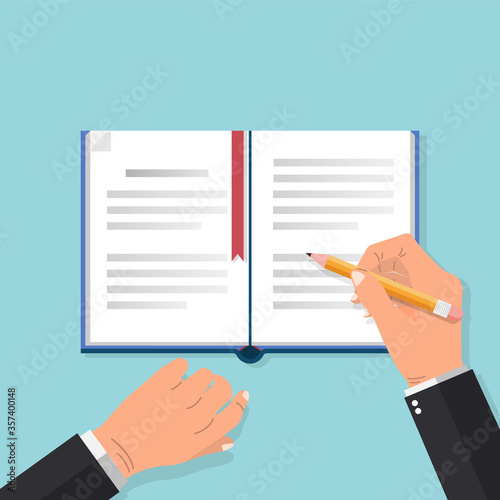 Businessman hands with pen writes on a book page. studying and summarize concept. Flat style vector illustration