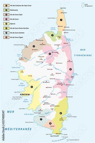 Vector map of the wine growing regions on the French Mediterranean island of Corsica