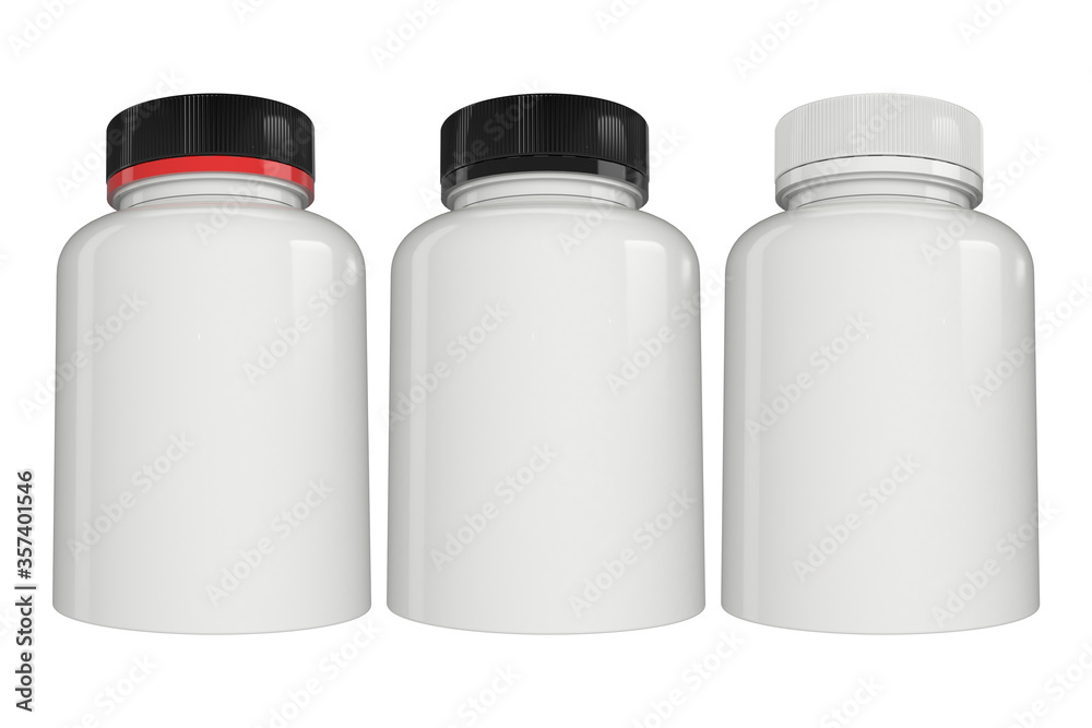 Supplement bottle mock-up with a black and white lid, 3d illustration Supplement bottle mock-up with a black and white lid, 3d illustration