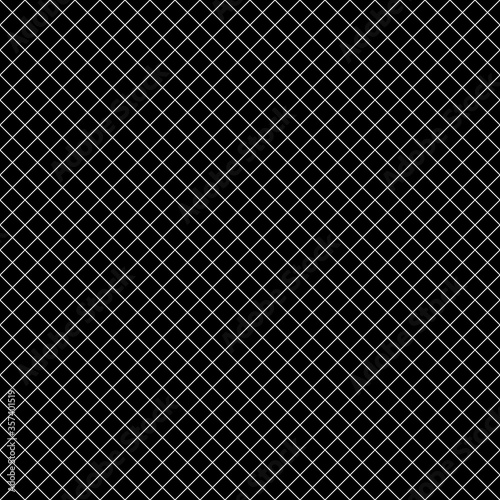 Seamless surface pattern with mini diamond ornament. White diagonal stripes grill on black background. Grid motif. Crossed lines wallpaper. Checkered image. Digital paper for print. Rhombuses vector.