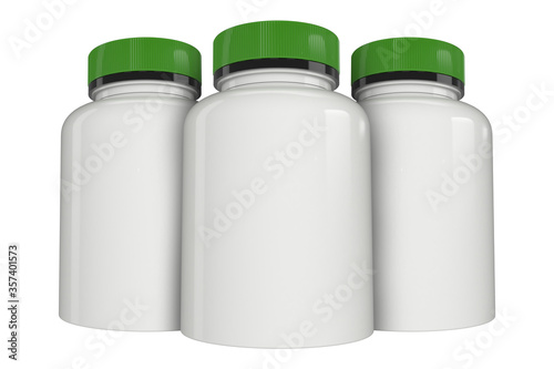 Supplement bottle mock-up with a green lid. 3d illustration