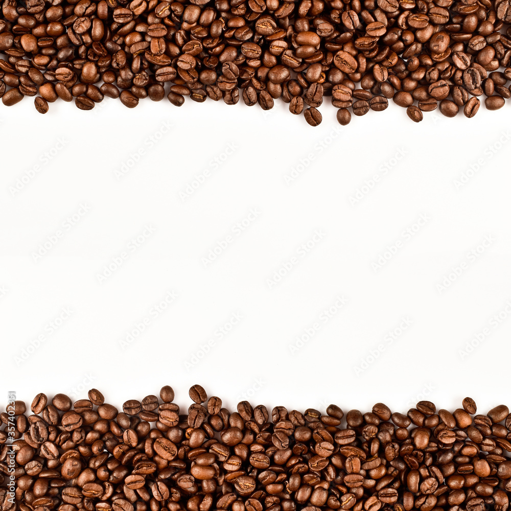 Roasted coffee beans isolated on white background. Border coffee bean decorated with blank copy space for your message. Roasted coffee beans isolated on white background. Border coffee bean decorated with blank copy space for your message.