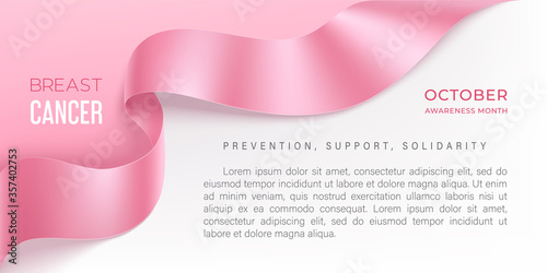 Breast cancer awareness month vector banner with photorealistic pink ribbon