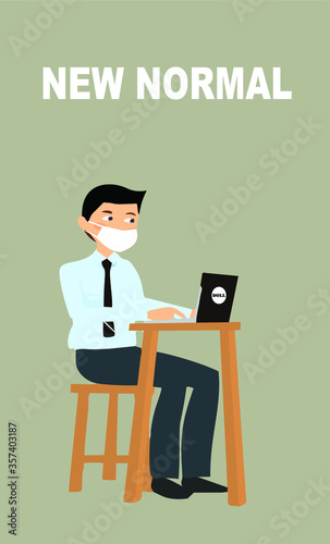 New normal concept and physical distancing people working keep distance and wearing face mask prevention from disease outbreak vector illustration. New normal after COVID-19 pandemic concept EPS 10