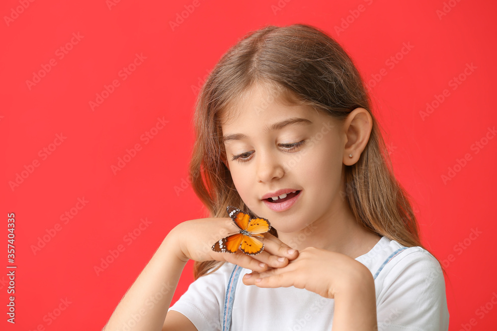 Cute little girl with butterfly on color background Cute little girl with butterfly on color background