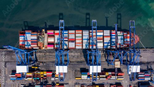 Container cargo ship at industrial port in import export global business worldwide logistic and transportation, Container ship unloading freight shipment, Aerial view container cargo boat freight.
