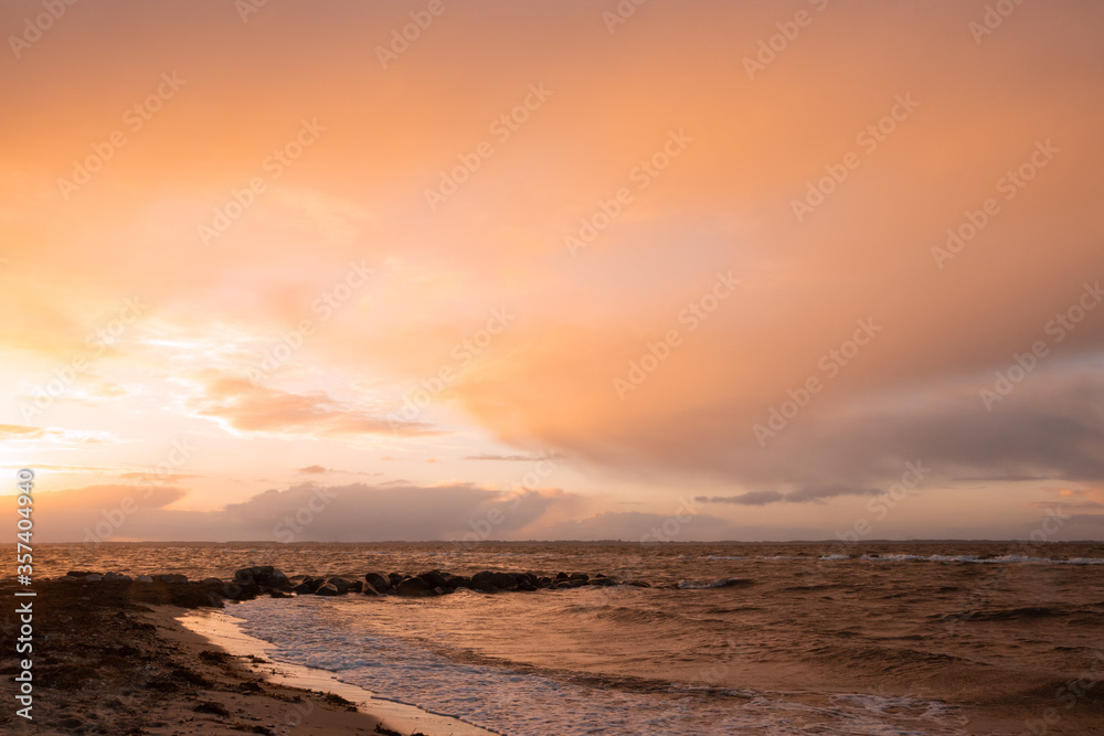 gorgeous sunset over the sea with red sky,  seascape background 