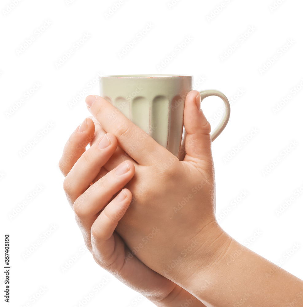 Female hands with cup of coffee on white background