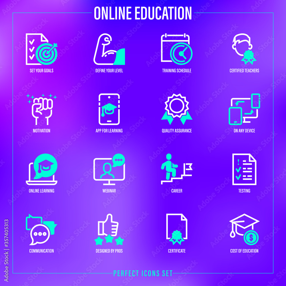 Online education set: mobile app for learning, define level, training schedule, motivation, webinar, testing, communication, on any device, price, certificate. Thin line icons. Vector illustration. Online education set: mobile app for learning, define level, training schedule, motivation, webinar, testing, communication, on any device, price, certificate. Thin line icons. Vector illustration.