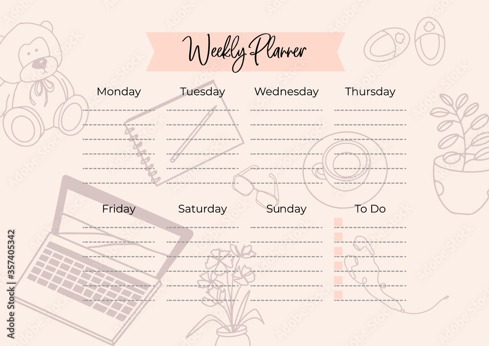 A4 Stylish weekly planner without a date with an abstract pattern- spots, lines. To-do list for every day of the week. Self-organization. Scheduler Template. Vector stock illustration