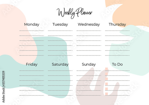 A4 Stylish weekly planner without a date with an abstract pattern- spots, lines. To-do list for every day of the week. Self-organization. Scheduler Template. Vector stock illustration