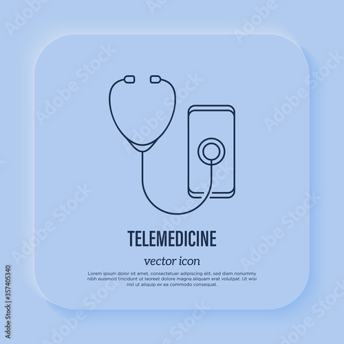 Telemedicine: stethoscope on smartphone screen. Online consultation. Thin line icon. Non-contact diagnostics. Vector illustration.