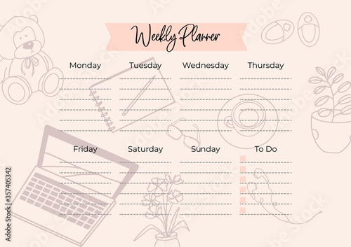 A4 Stylish weekly planner without a date with an abstract pattern- spots, lines. To-do list for every day of the week. Self-organization. Scheduler Template. Vector stock illustration