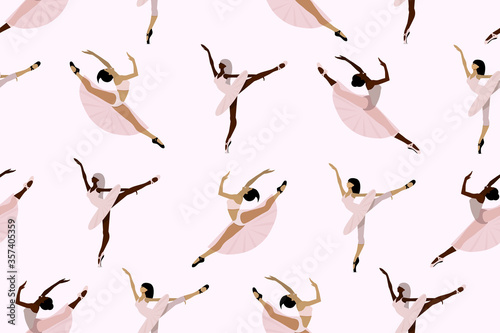 Seamless cute pattern with  African American and European ballet dancers ,young ballerinas in tutu and pointe shoes dancing individually on a white background.