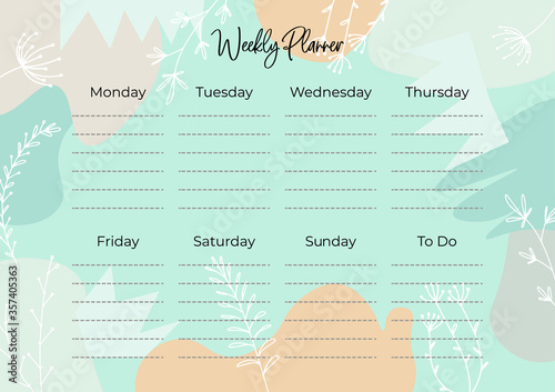 Stylish weekly planner with no date with floral decoration. To-do list for every day of the week. Self-organization. Scheduler Template. Vector stock illustration on isolated background.
