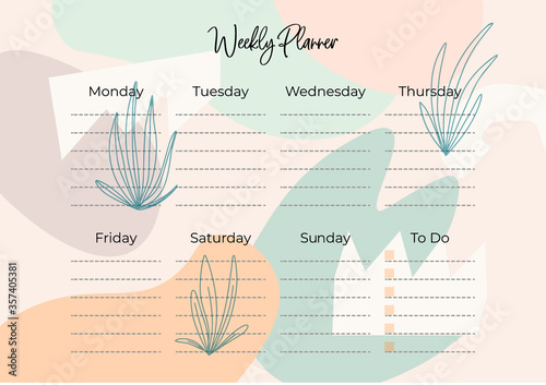 Stylish weekly planner with no date with floral decoration. To-do list for every day of the week. Self-organization. Scheduler Template. Vector stock illustration on isolated background.