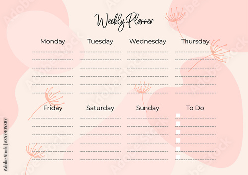 Stylish weekly planner with no date with floral decoration. To-do list for every day of the week. Self-organization. Scheduler Template. Vector stock illustration on isolated background.