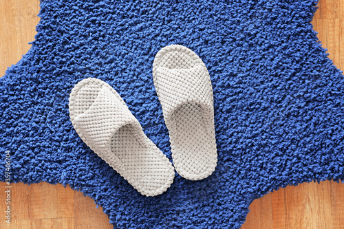 Pair of soft slippers on rug