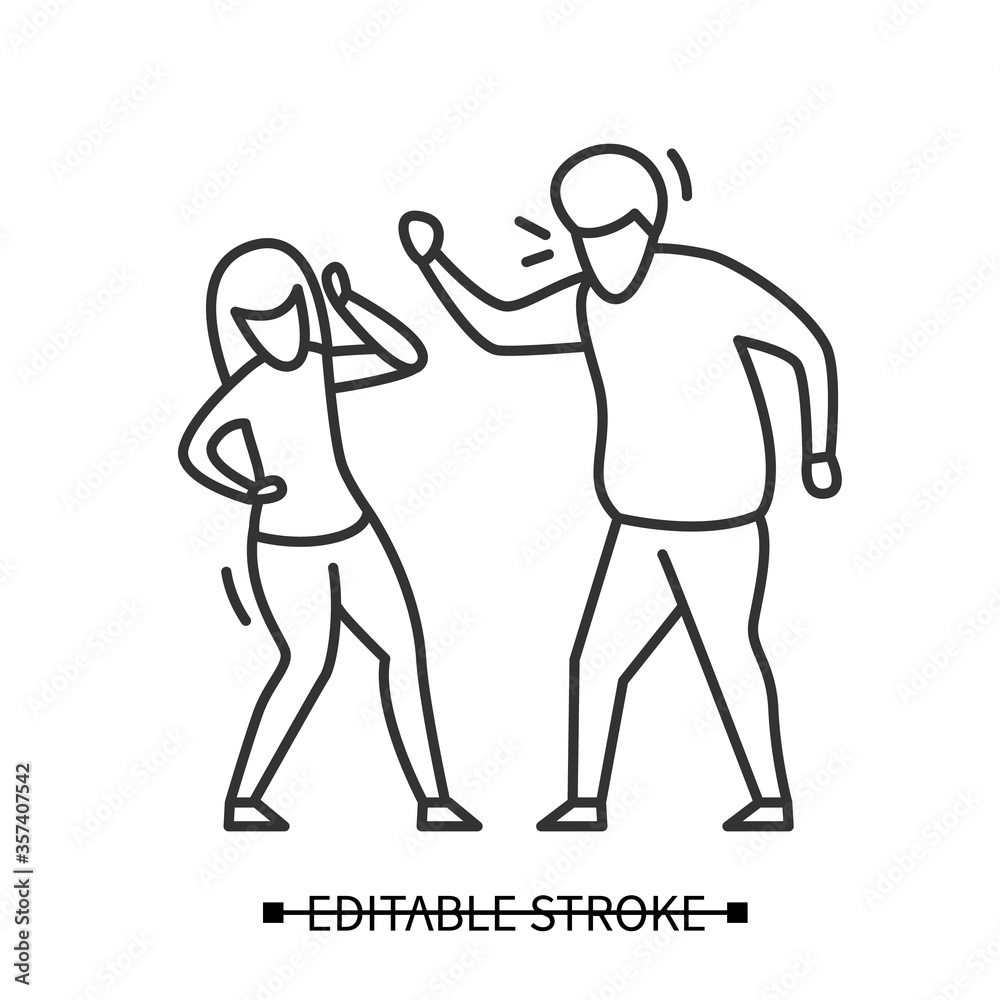 Family conflict icon. Man and woman shouting and fighting linear pictogram. Domestic violence and family counseling concept. Editable stroke vector illustration for web and couple therapy