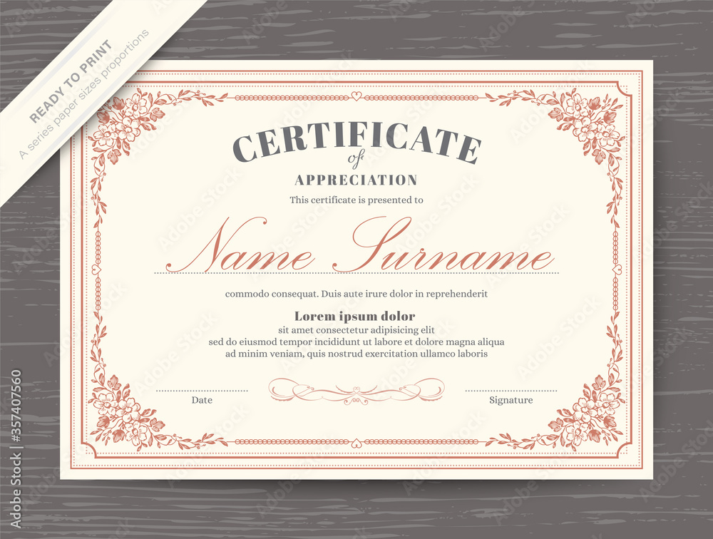 Certificate award diploma template with floral border and frame