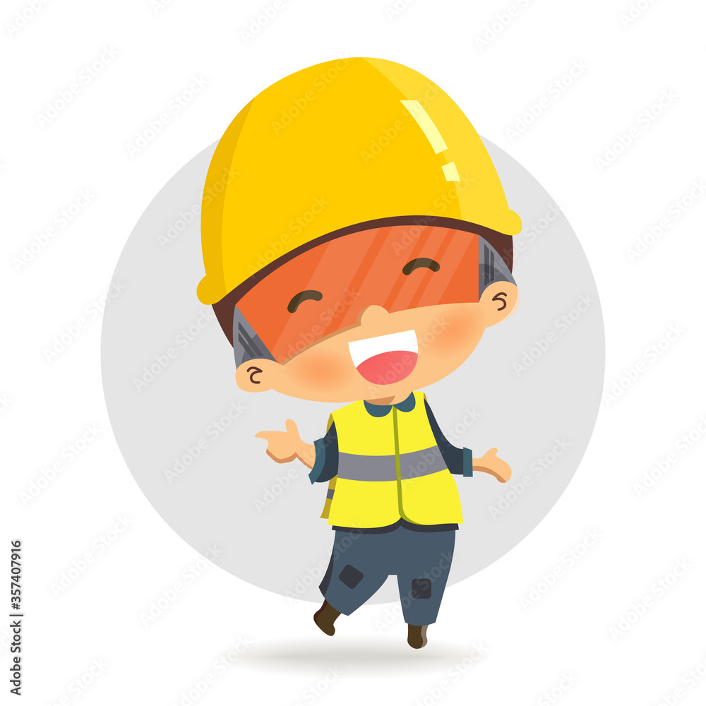 Character constructor worker in various situations. smiling and pointing.