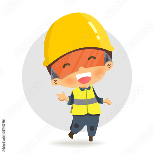 Character constructor worker in various situations. smiling and pointing.