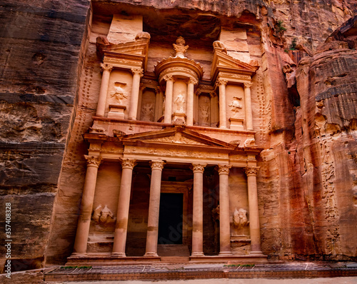 Magnificant and famous facade in Petra Jordan, the treasury or Al Khazna
